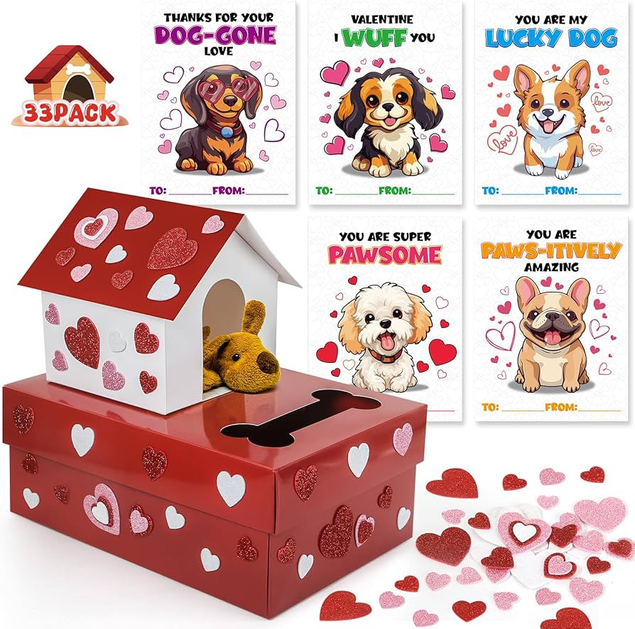 Valentines Day Boxes for Kids Classroom, 33 Pack Valentines Day Cards for Kids School with DIY Pu... | Amazon (US)