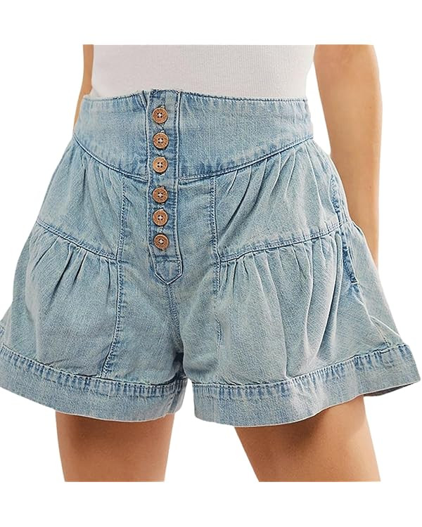 utcoco Women's 2025 Denim Shorts Casual Summer High Waisted Wide Leg Buttons Pleated Ruffle Jean ... | Amazon (US)