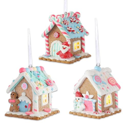 DUBEDAT Gingerbread House Christmas Ornaments - 3 pcs 3inch Hanging Holiday Decor Battery Operated Lighted LED, Soft Clay Decoration for Tree, Home, Kitchen | Amazon (US)