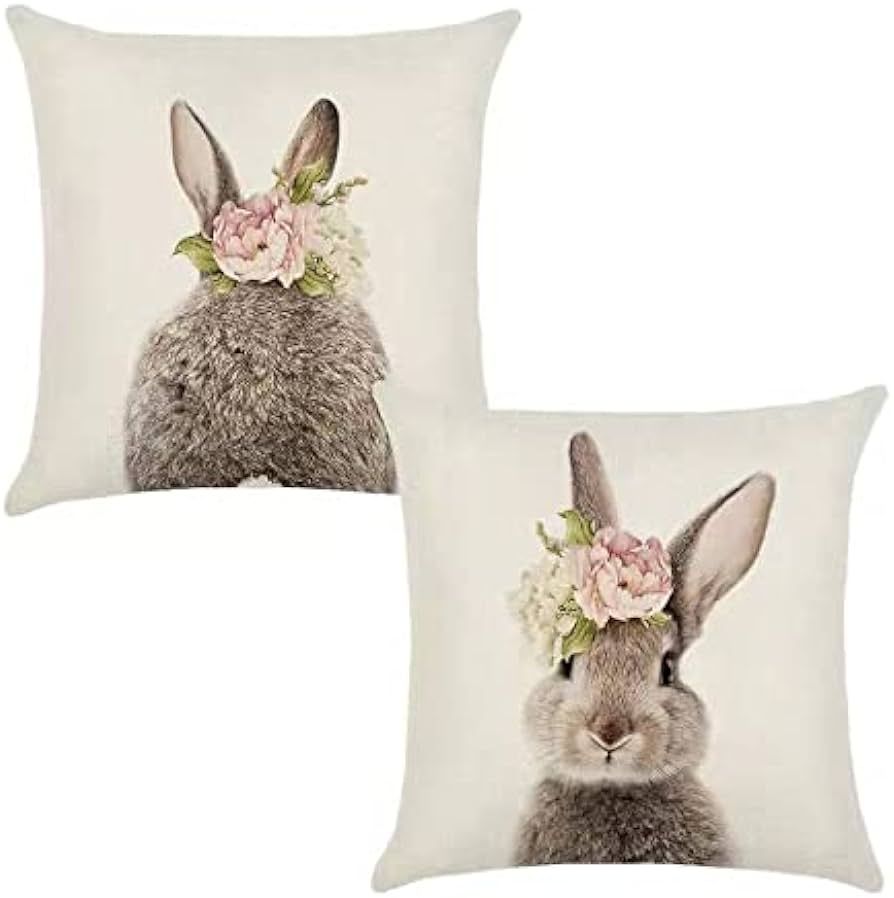 KAKABUQU Easter Bunny Throw Pillow Cover 18 x 18 Set of 2 Cute Rabbits Bunny Pillows Floral Easte... | Amazon (US)