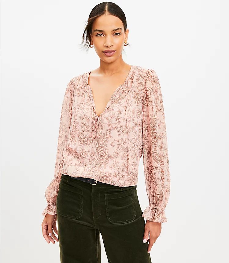 Etched Floral Double Tie Neck Blouse | LOFT