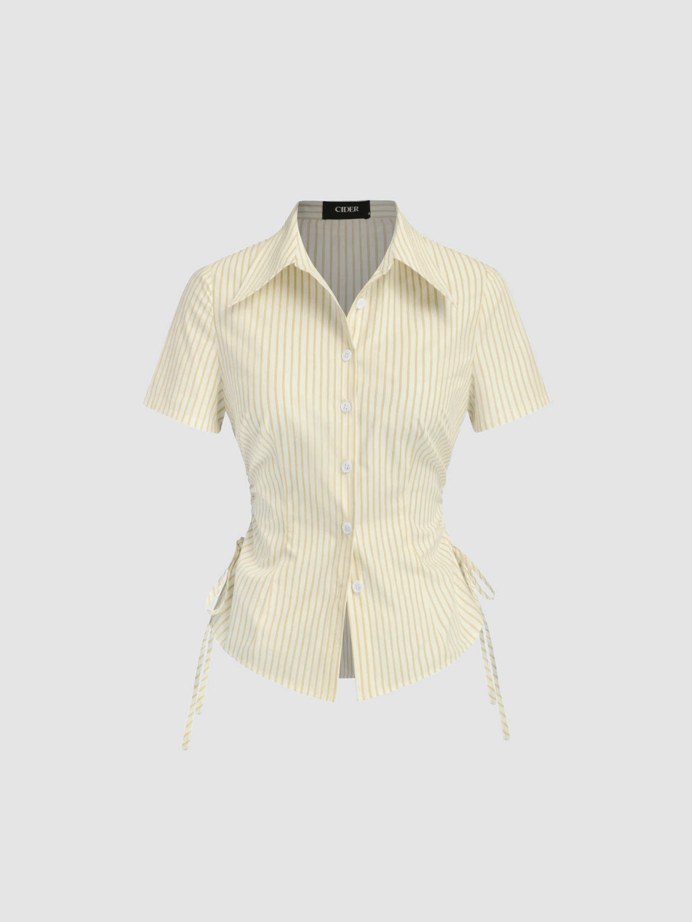 Woven Cotton-blend Polo Collar Stripe Drawstring Knotted Shirt For Daily Casual Work | Cider