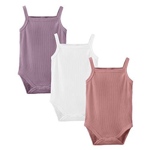 OPAWO Sleeveless Onsies for Baby Girls' Bodysuits 3 Pack Newborn Ribbed Spaghetti Strap Summer Baby Undershirt 9-12 Months | Amazon (US)