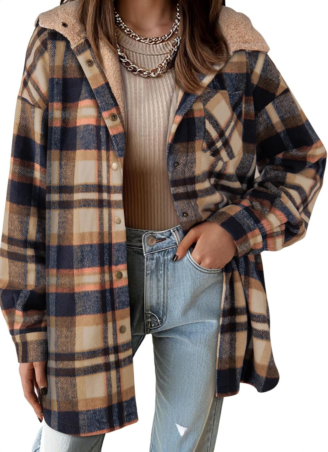 Dokotoo Women's Flannel Hooded Plaid 2026 Shacket Thick Coat Fleece Jacket | Amazon (US)