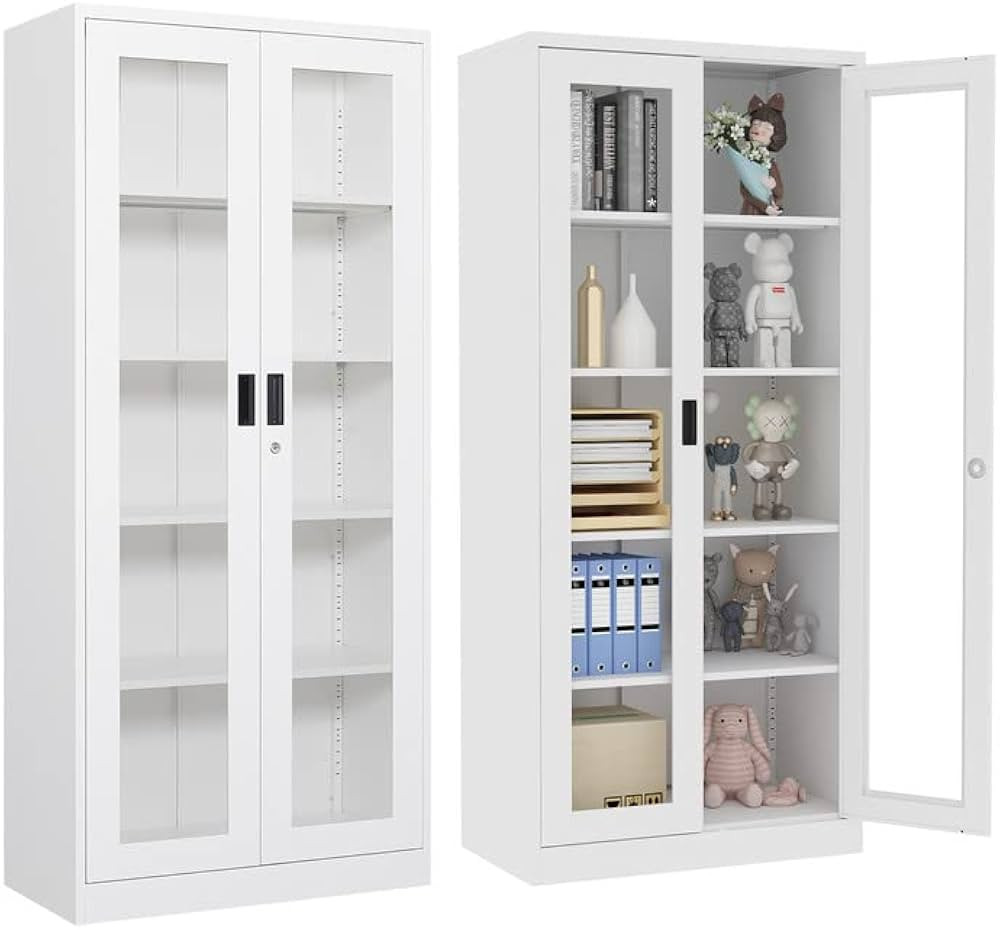 71" Curio Cabinet Glass Display Cabinet with 4 Adjustable Shelves, Tall Bookshelf Bookcase with G... | Amazon (US)