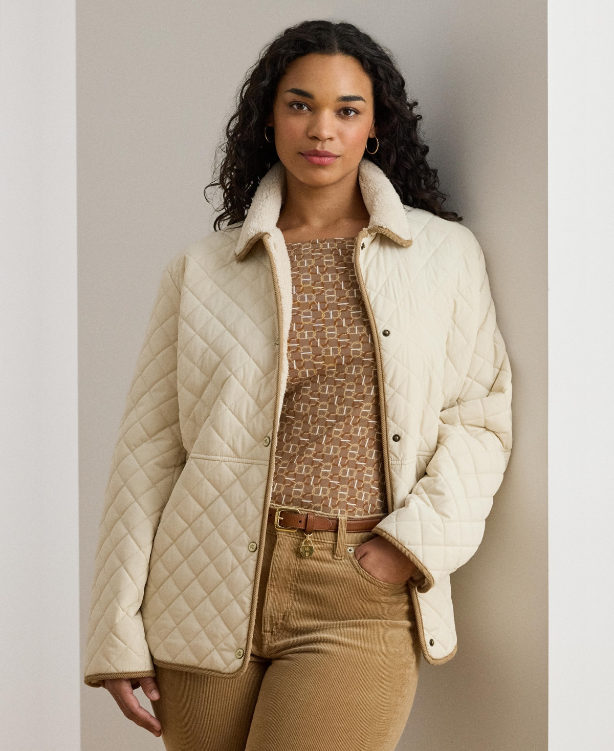 Lauren Ralph Lauren Plus Size Faux-Sherpa-Collar Quilted Coat - Moda Cream | Macy's
