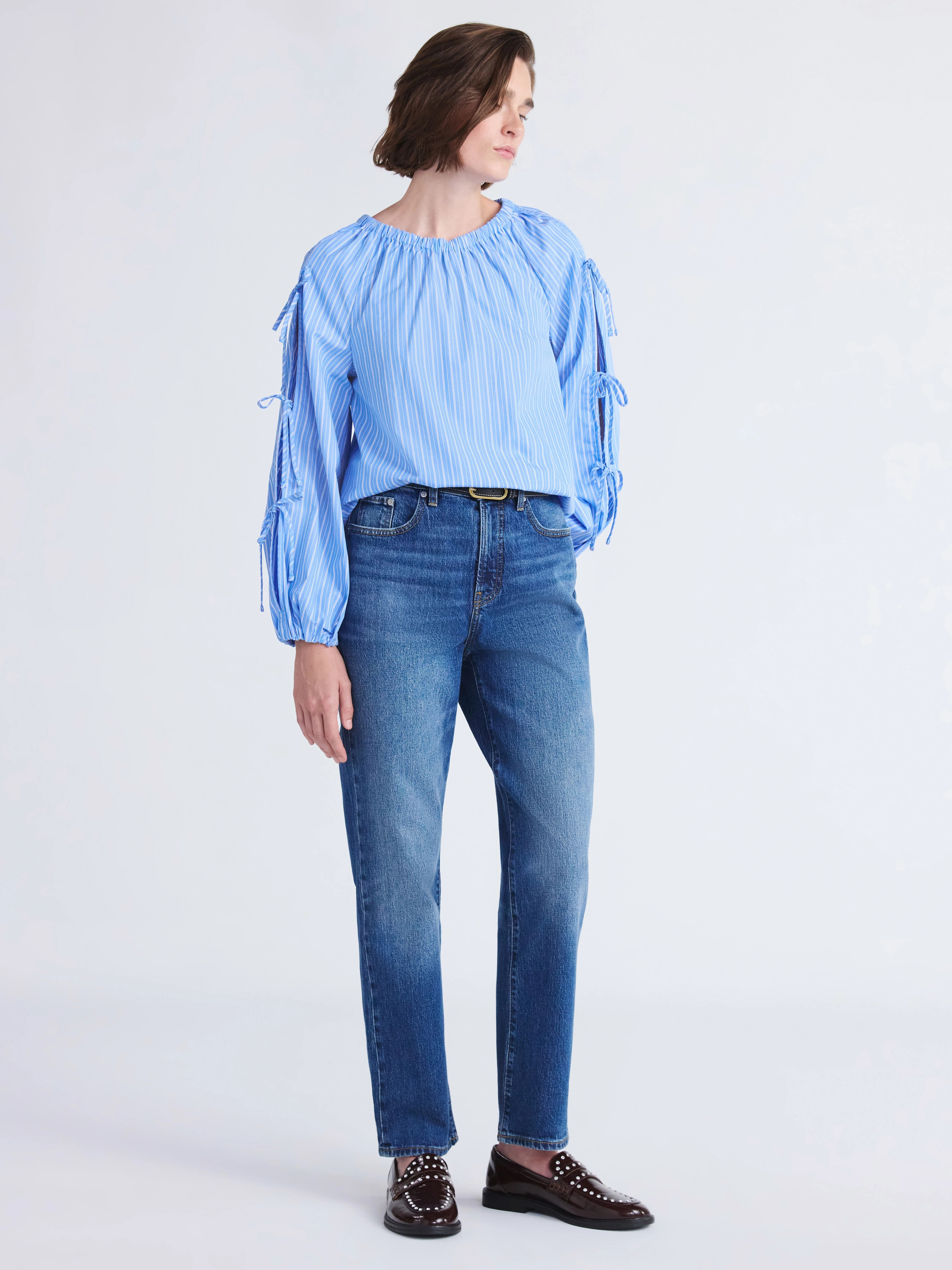 Free Assembly Women's and Women's Plus Gathered Neck Cotton Top with Long Tie Sleeves, Sizes XS-4... | Walmart (US)