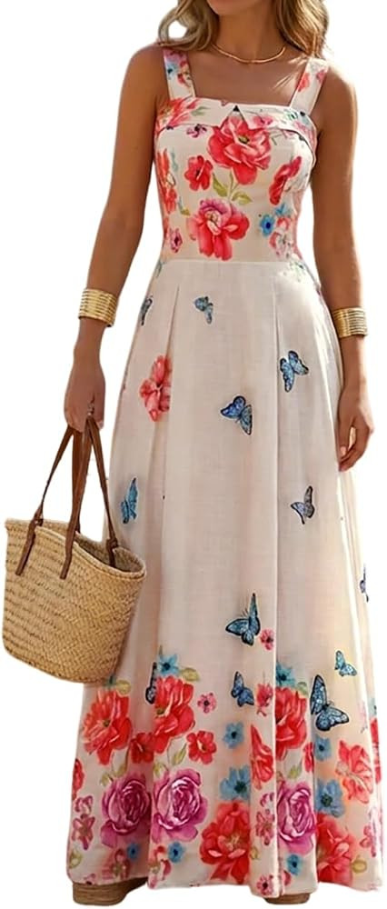 CHICME Women\u2019s Floral Long Maxi Dress Quare Neck Strap Flowy Boho Summer Beach Sundress Dres... | Amazon (US)