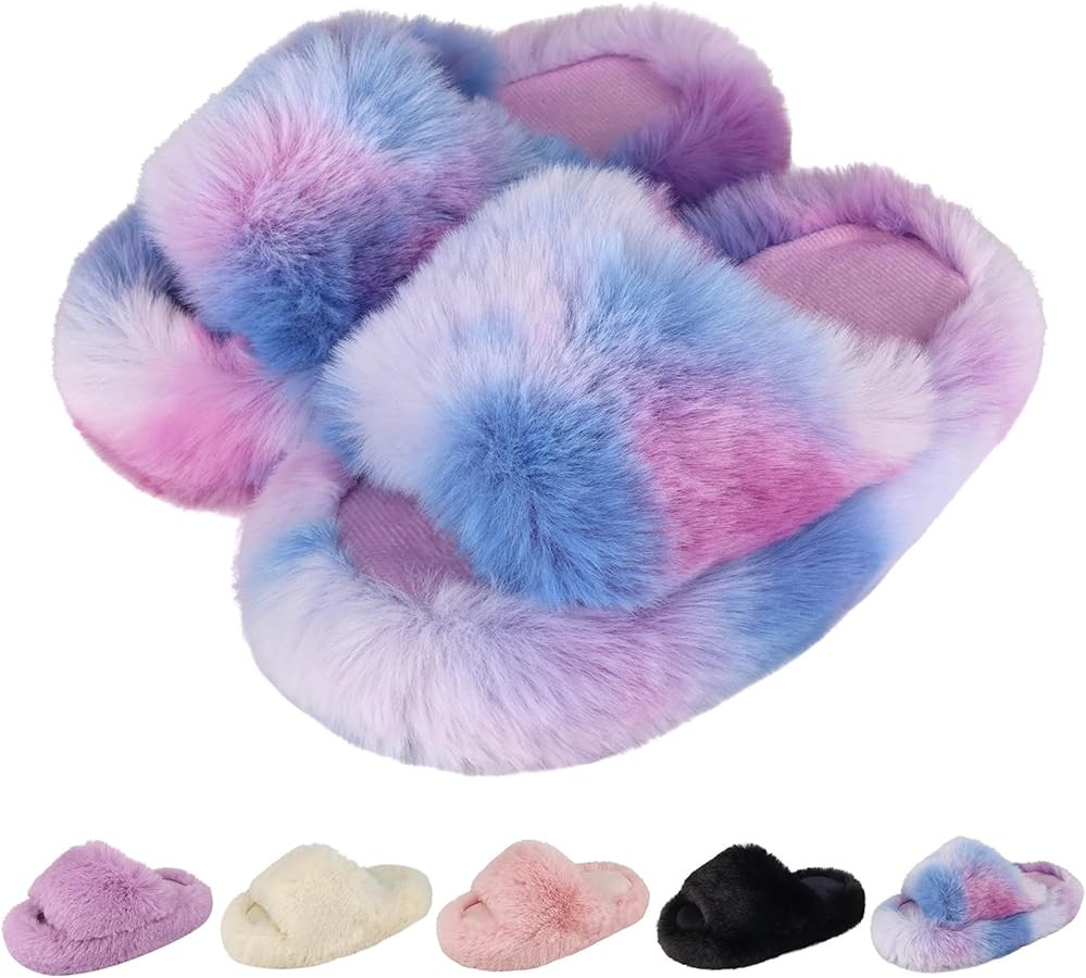 KOUECI Girls Fuzzy Plush Slippers丨Kids Open Toe Fluffy Memory Foam Slippers丨Slip on Warm Soft... | Amazon (US)