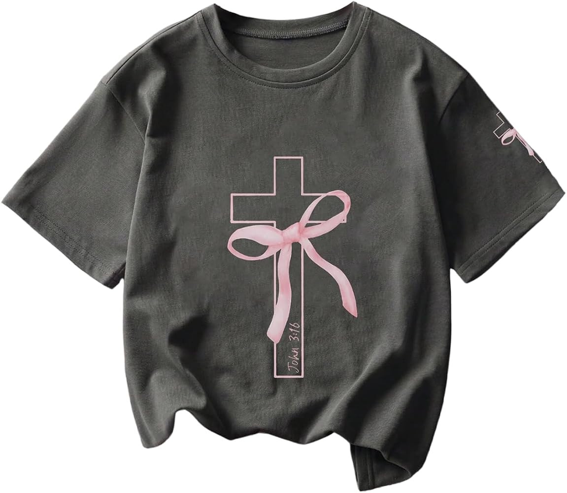 SOLY HUX Girl's Graphic Tees Bow Print Short Sleeve Crewneck T Shirt Drop Shoulder Casual Summer ... | Amazon (US)
