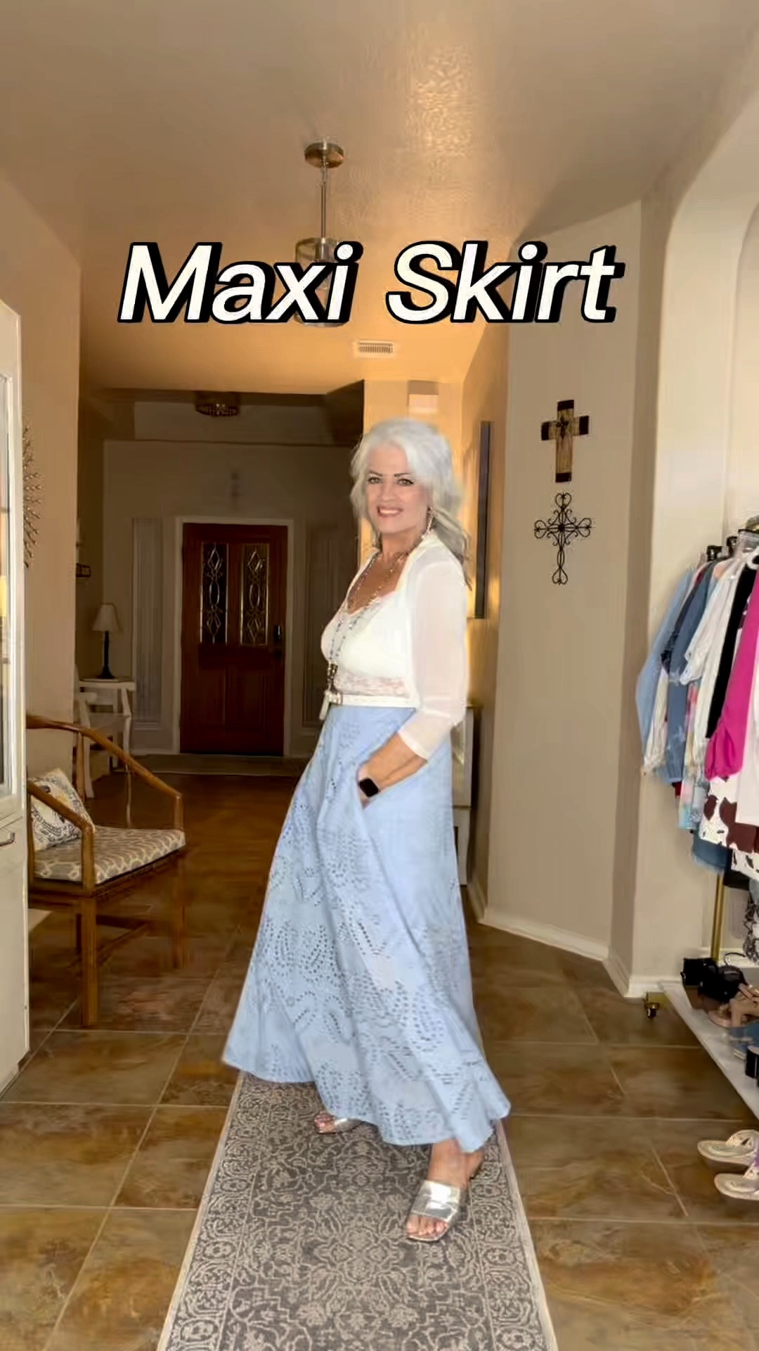 What a beautifully made maxi skirt. It’s lined and has full eyelet hearts all over the skirt. Cones in several color and has wide waistband, side zipper and elastic in the back for comfort!  Paired it with lace bralette and shrug for a summer affair look then took it a casual and work look. It’s very versatile. It runs large so if your between sizes, size down.

#LTKWedding #LTKWorkwear #LTKSaleAlert