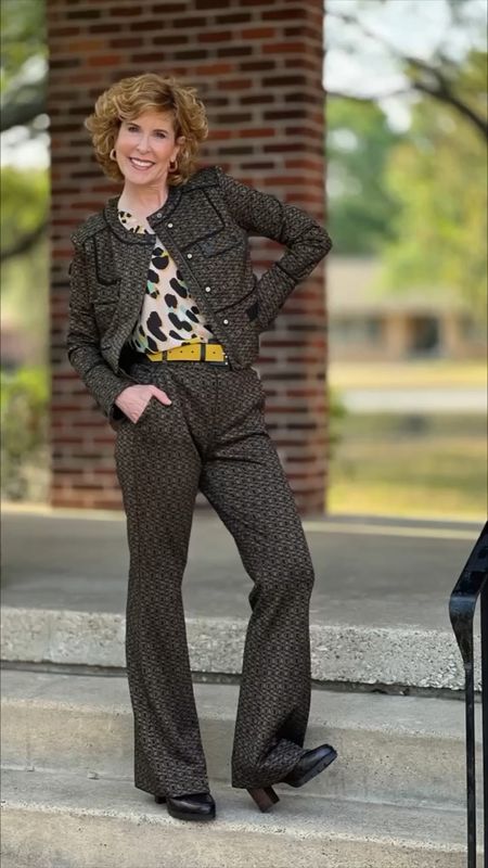 This cabi clothing jacket & matching trousers can be worn together or separately! I paired them with a bright and fun animal
print top and yellow belt.

I’m finished off with hoop earrings and block heel loafers, for a work-ready look that still lets you show your personality!

#LTKshoecrush #LTKworkwear #LTKSeasonal