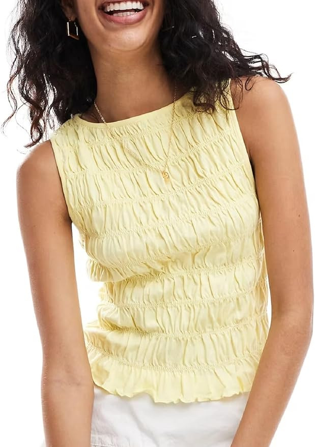 Smocked Tops for Women Shirred Ruffle Babydoll Cropped Tank Top Shirt Teen Girls Y2K Cute Going O... | Amazon (US)