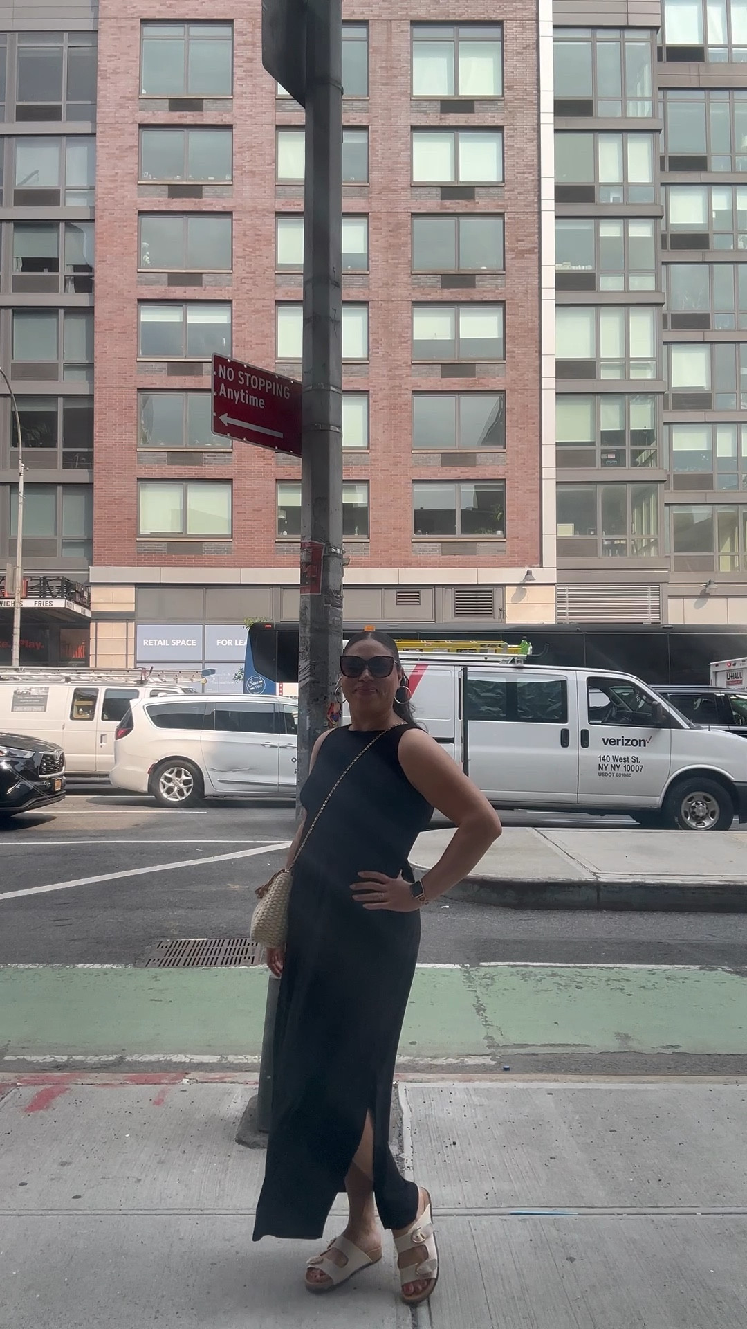 What I’m wearing today in NYC! Here for a quick work trip and the weather is amazing.

First time wearing the new Rothy’s buckle slides and I love them so far. Make sure to size down at least a half size as they run large. 

Wearing a S in the Hill House Cosima Nap Dress! 