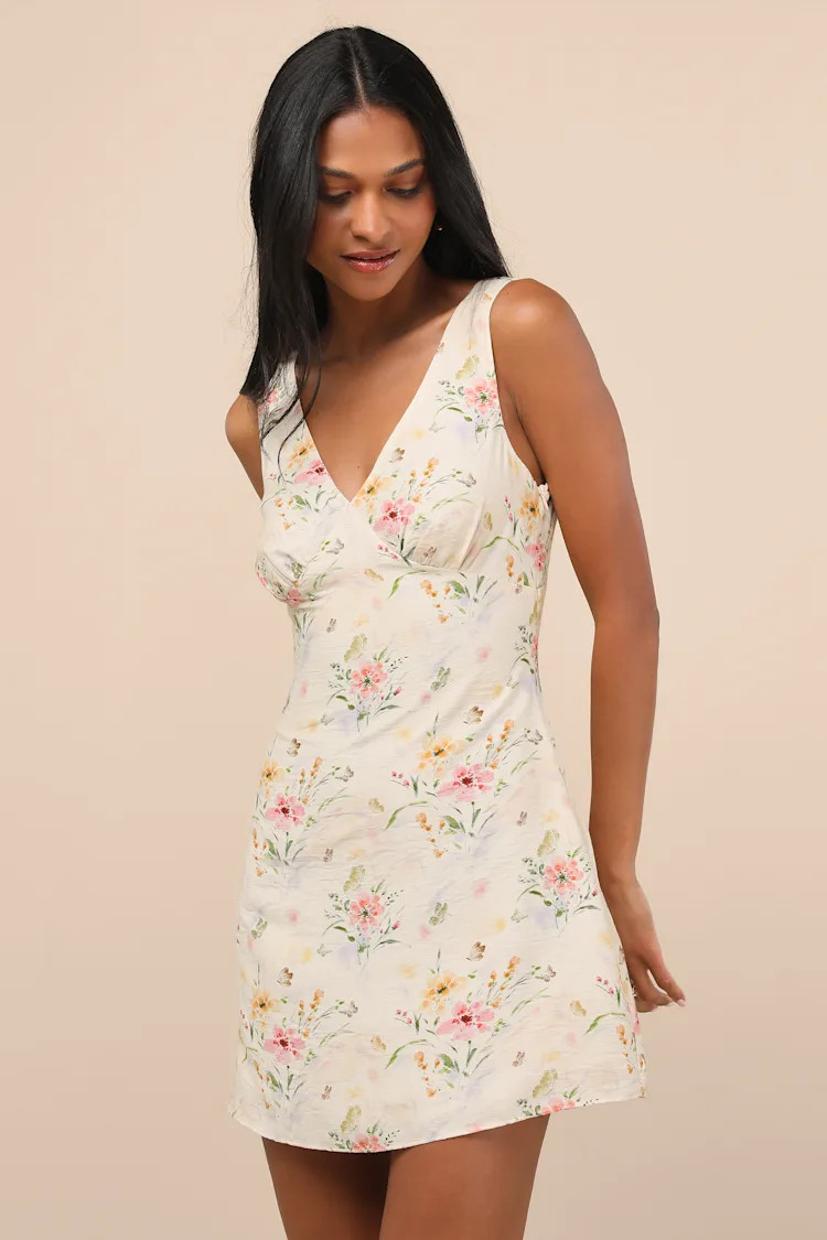 Jaziel Ivory Floral Sleeveless Mini Dress | Lulus