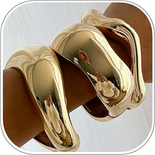 ALEXTINA Chunky Gold Bracelets Set for Women 18K Gold Plated High Shine Bracelets Minimalist Open... | Amazon (US)