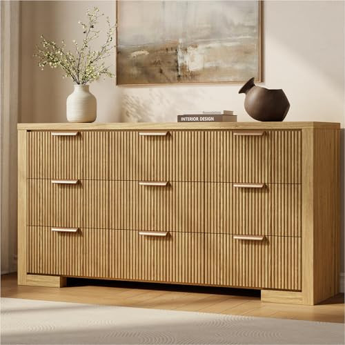 HOTALLOY Fluted Dresser for Bedroom, 9 Drawer Dresser with Gold Handle, 57" Wide Chest of Drawers, Modern Wood Dressers Organizer for Bedroom, Liveroom, Entryway, Natural Oak | Amazon (US)