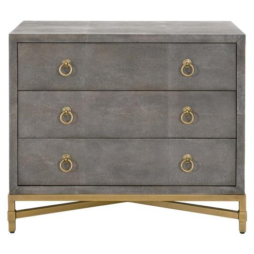 Simon Modern Grey Faux Shagreen Resin Brushed Gold Metal 3 Drawer Nightstand | Kathy Kuo Home