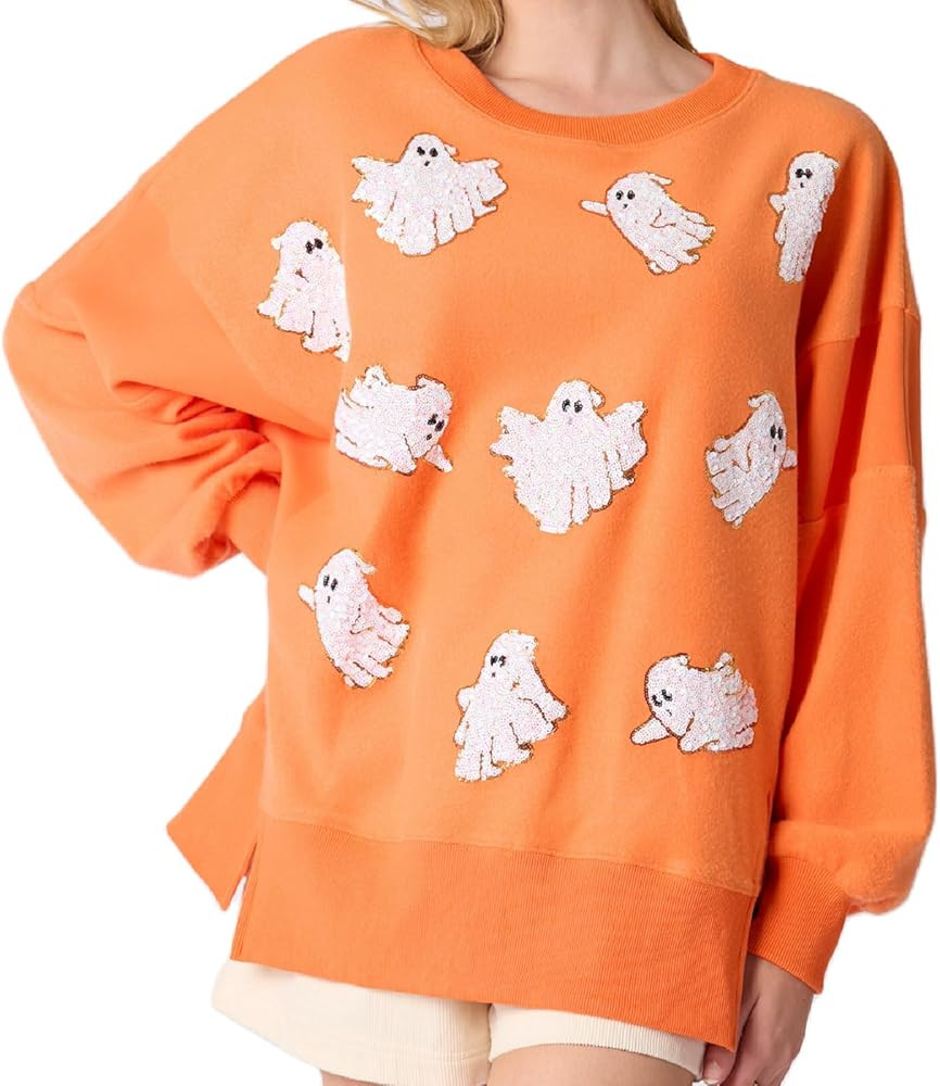 Muineobuka Women Sequin Halloween Sweatshirts Long Sleeve Sparkle Glitter Pumpkin Ghost Halloween... | Amazon (US)