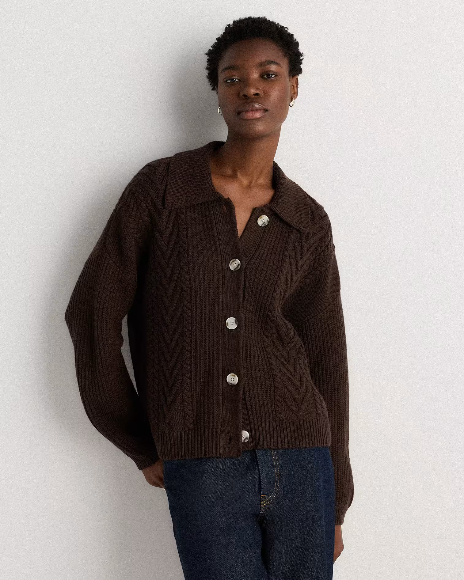 Australian Merino Wool Collared Cable Cardigan in Coffee Bean Brown | Quince