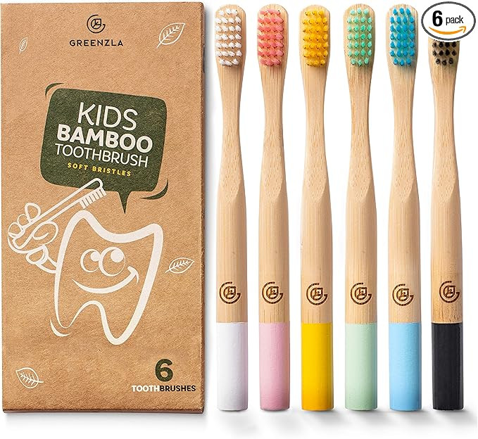 GREENZLA Kids Bamboo Toothbrushes, Natural Toothbrush Set, Soft Bristles, Durable Charcoal Wooden... | Amazon (US)