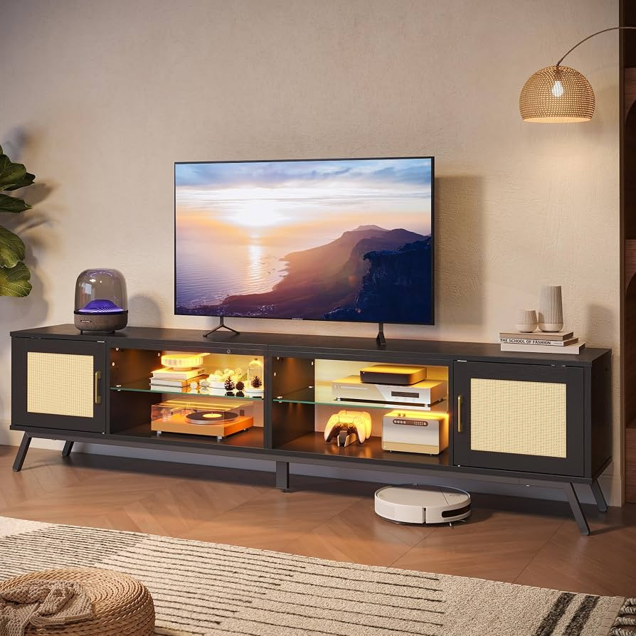 Bestier 80 Inch Black Rattan TV Stand with Storage for 85 Inch TV, 4-in-1 Mid Century Modern Ente... | Amazon (US)