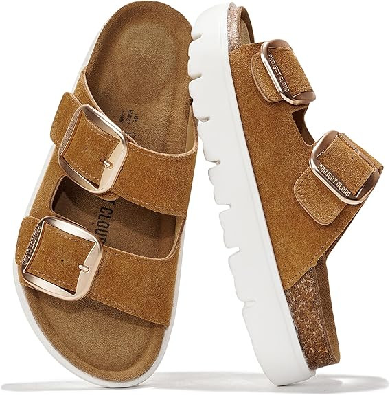 Project Cloud 100% Genuine Leather Platform Sandals Women Footwear - Wedge Chunky Slides for Wome... | Amazon (US)
