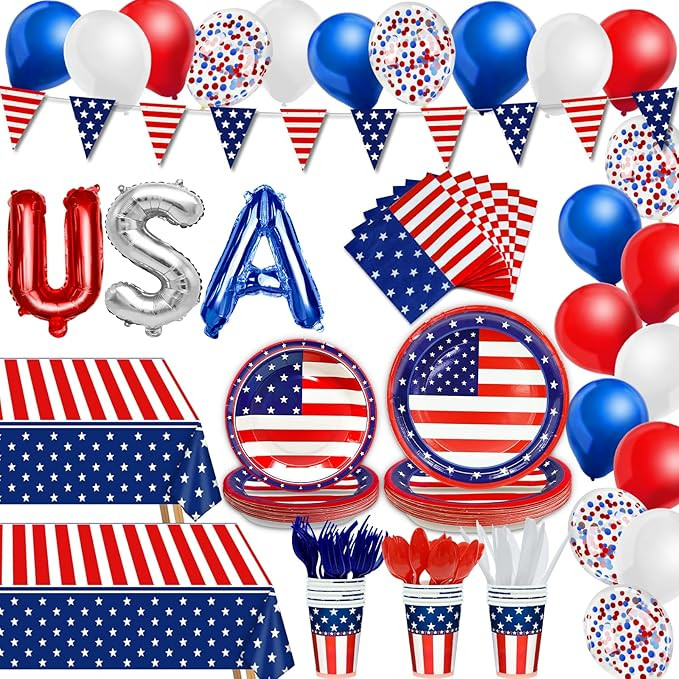 194 PCS 4th of July Decorations American Flag Banner USA Balloons Tablecloth , Patriotic Party Su... | Amazon (US)