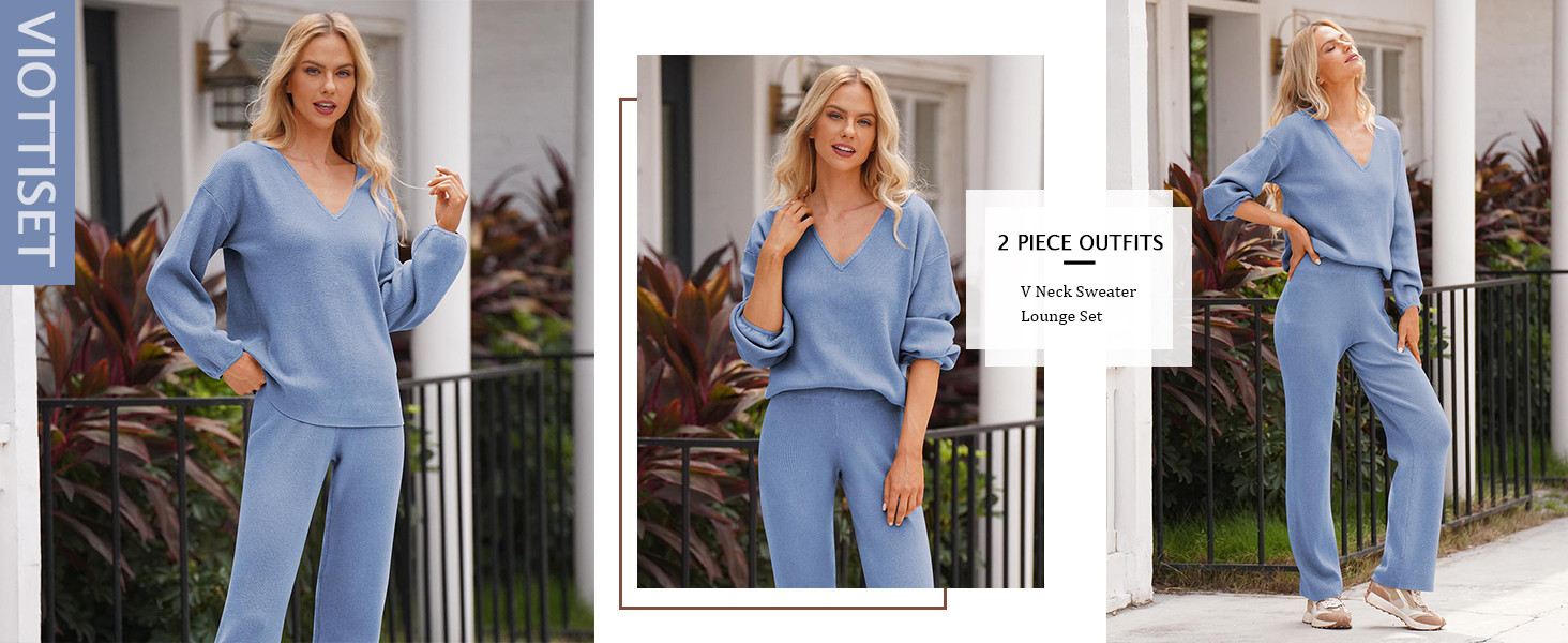 Viottiset Women's 2 Piece Outfits Casual V Neck Knit Wide Leg Sweater Lounge Set Sweatsuit | Amazon (US)