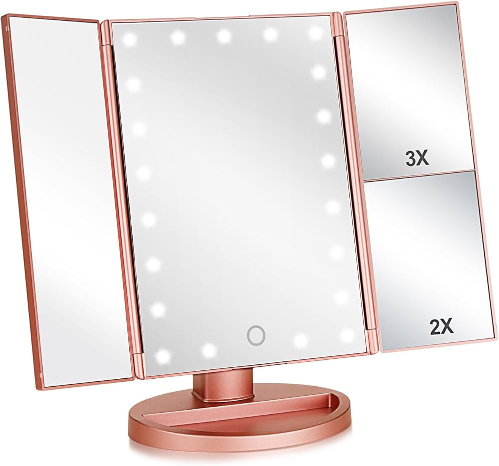 Flymiro Tri-fold Lighted Vanity Makeup Mirror with 3x/2x Magnification,21 LEDs Light and Touch Sc... | Amazon (US)