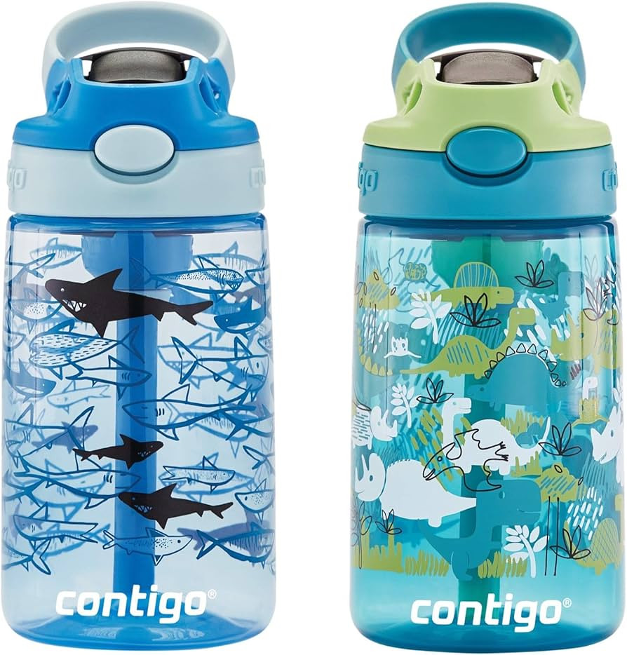 Contigo Kids Straw Water Bottle with AUTOSPOUT Lid, 14oz., 2 Pack, Dinos & Sharks | Amazon (US)