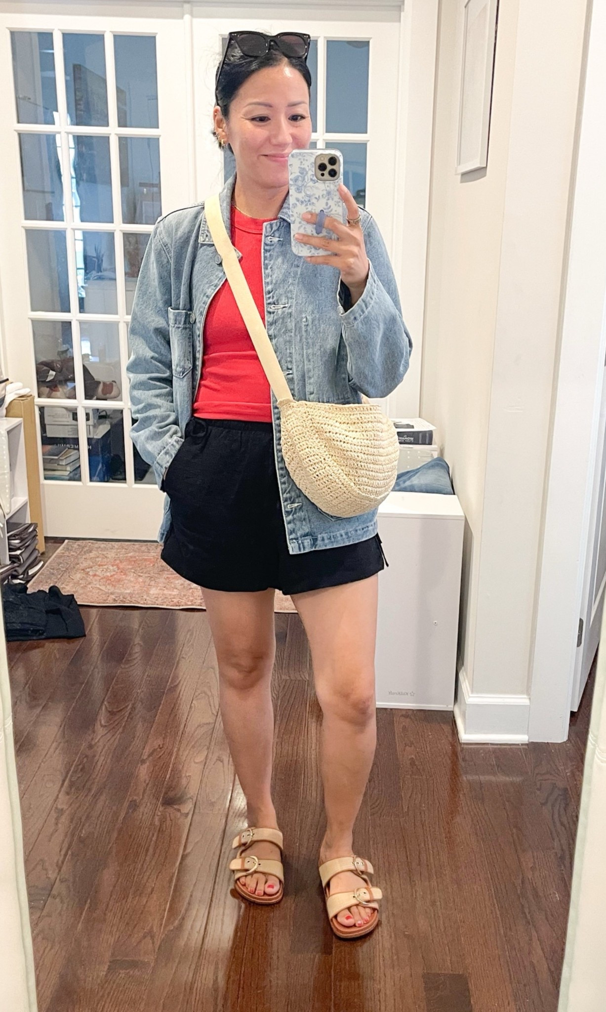 Size XS jacket, size small tank and size small shorts 
Sandals are true to size

#LTKootd #LTKOver40 #LTKSeasonal