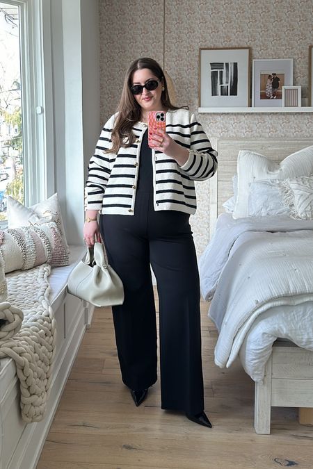 Plus size wide leg pant and striped cardigan workwear look

Sizing: XXL in cardigan / 2X in bodysuit / 2X regular length in pant (I’m 5’7 and wearing with heels - if planning on wearing with flats, go down in length) 

#LTKplussize #LTKworkwear #LTKstyletip