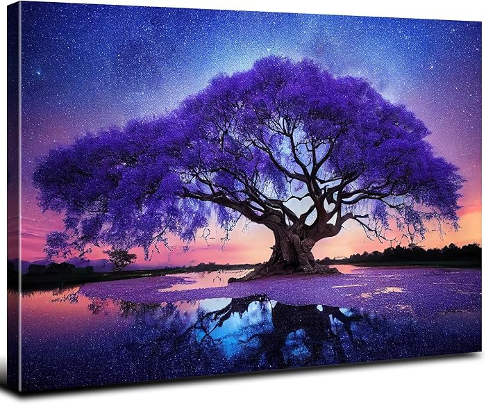 Purple Wall Art for Living Room Tree of Life Wall Decor Abstract Starry Night Forest Landscape Pi... | Amazon (US)