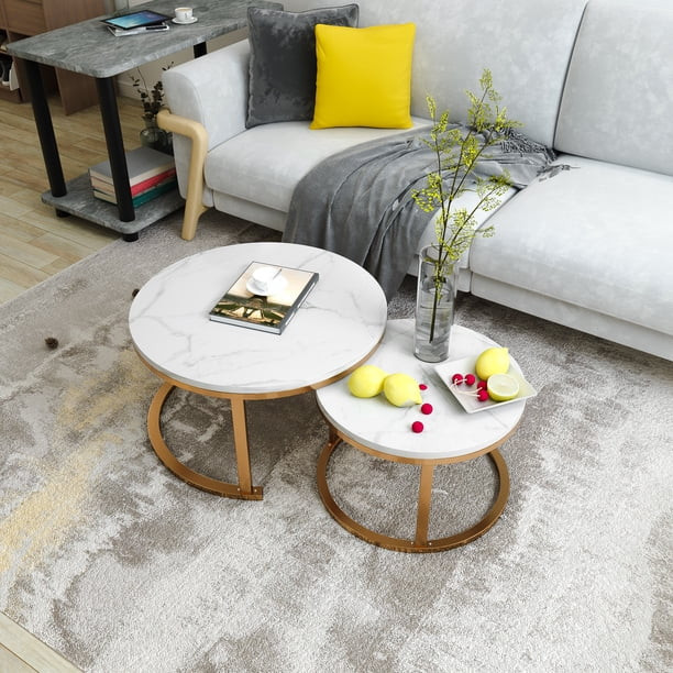 Modern Coffee Table Set of 2 Nesting Tables, Marble Look Sofa End Side Tables, Round Center Table... | Walmart (US)
