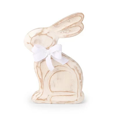 Wooden Bunny Statue with Bow, 10 in., Brown, 6W x 1.25D 10H , Wood | Kirkland's Home | Kirklands