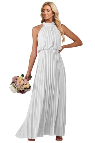 IKMNN Corset Long Bridemaid Dress for Women 2025 Halter Chiffon White Formal Party Evening Dresses A Line Pleated Maxi Dress 16 | Amazon (US)
