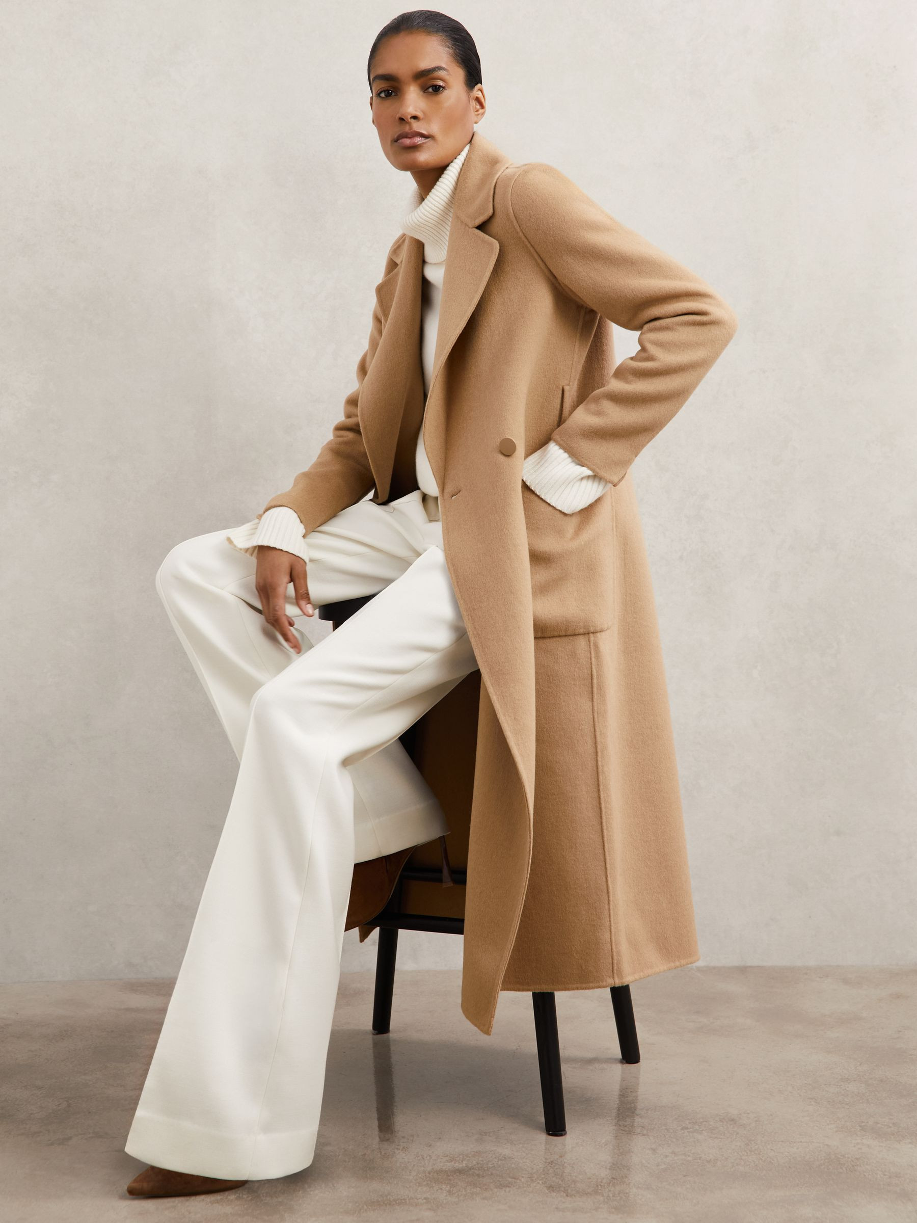 Double-Breasted Blindseam Coat Wool-Blend in Camel | Reiss US