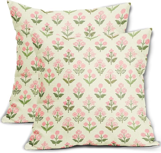 Pink Green Block Print Pillow Covers 18x18 Inch Set of 2 Vintage Floral Decorative Pillow Cases B... | Amazon (US)