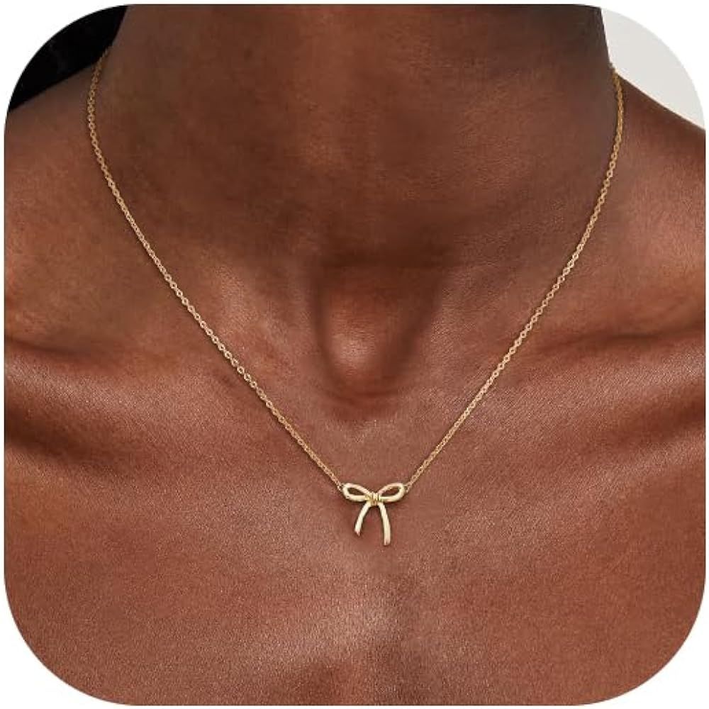 Gold Necklace for Women - Bow Necklace 14K Dainty Gold Necklace Cute Small Tiny Bow Pendant Choke... | Amazon (US)