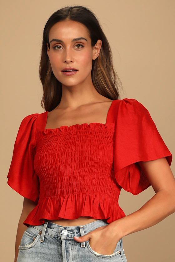 Your Sunshine Red Smocked Flutter Sleeve Top | Lulus (US)