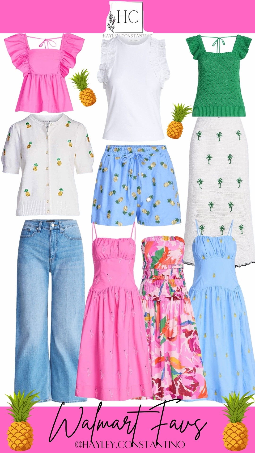There’s still sunshine to soak up, and your Walmart faves are serving tropical chic meets playful glam in the cutest way possible 🌴🍍💖

Hello, island vibes! From the breezy blue pineapple-print shorts to the adorable matching cardi sprinkled with tiny golden fruits, these pieces are basically a vacation in your closet. Pair them with that crisp white ruffle tank for an easy, polished look—or go all in with the light blue pineapple sundress that screams poolside spritz. And that white midi skirt with delicate palm trees? Effortlessly elegant with just the right hint of beachy charm.

The hot pink flutter-sleeve top is bold, bright, and ready for sunshine, while the pink flamingo dress is pure fun—playful, feminine, and perfect for brunch or a beach stroll. Add in that vibrant smocked floral dress for a splash of color, and you’ve got a full-on summer statement moment. And don’t sleep on the green knit tank—it’s giving preppy-cute with a tropical twist.

When you want to keep it cool (literally), those light-wash wide-leg jeans are your go-to. Pair them with the white ruffle blouse for a clean, elevated look, or mix in any of your bright tropical tops for an outfit that feels effortless but still totally put together.

Think juicy pineapples, flirty flamingos, and sunshine-ready silhouettes that take you from morning coffee runs to sunset dinners without missing a beat.
Grab these while summer’s still glowing—because one more month means plenty of time to turn every day into a mini tropical getaway 🌺🍹

#LTKTravel #LTKootd #LTKgrwm