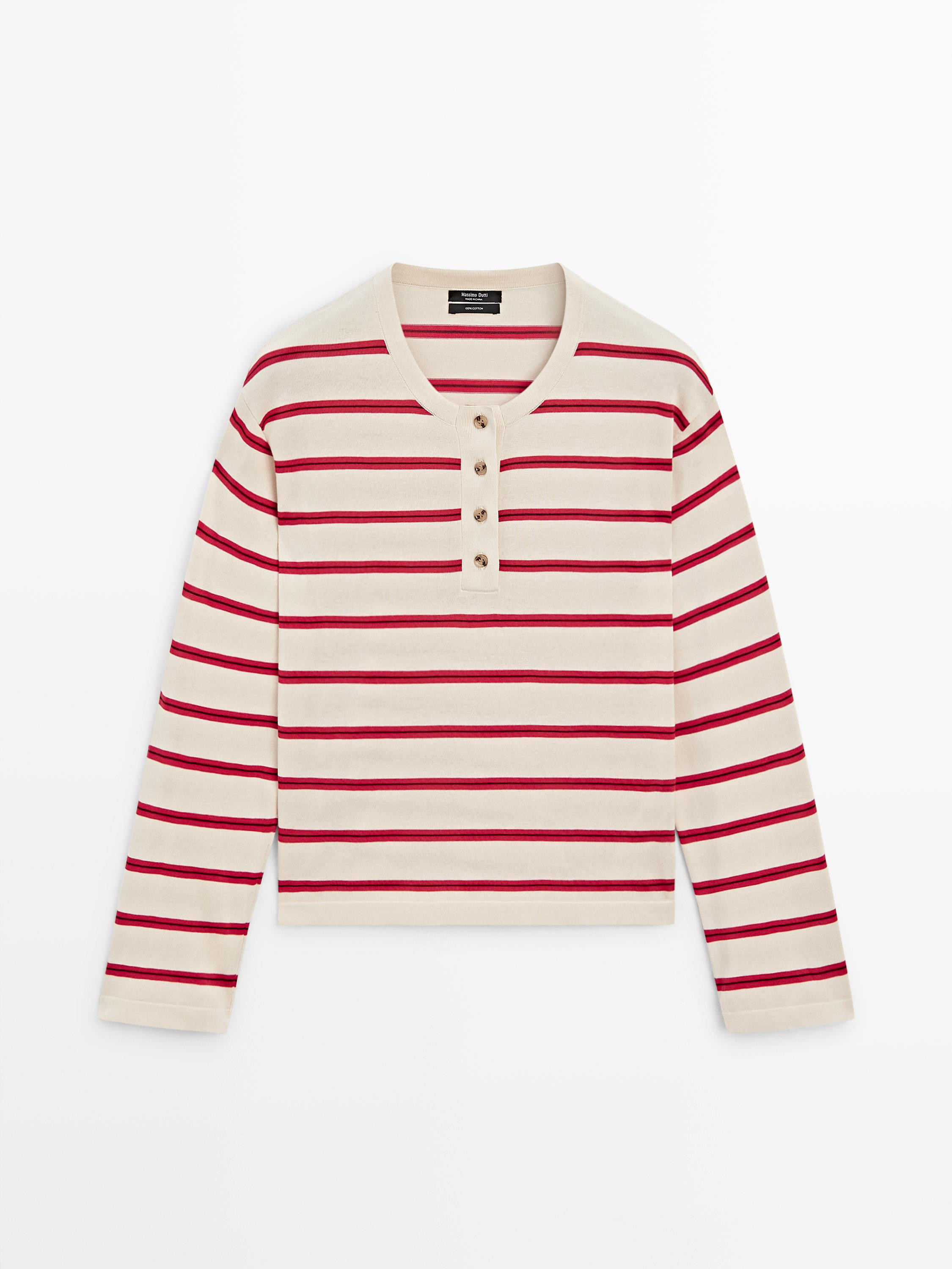 Striped knit cotton henley sweater | Massimo Dutti UK