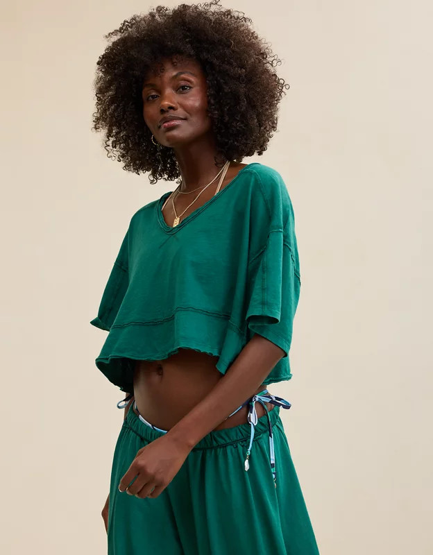 Aerie Happiest Cropped V Neck T-Shirt | Aerie