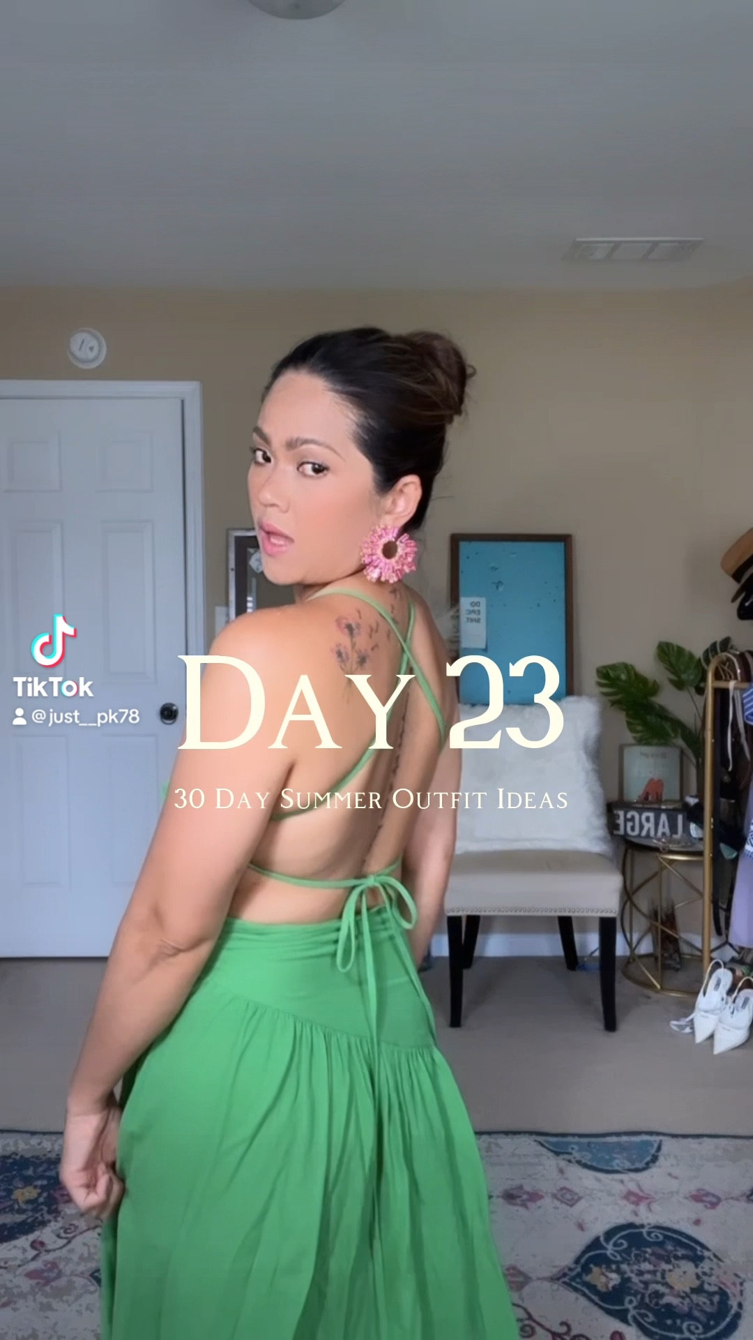 30 Day Summer Outfit Ideas day 23:
Criss cross lace up backless ruffle hem dress.

I think I have been wearing backless tops and dresses a lot lately. I always drawn to the backless style. This dress is one of my faves this season. The material is good. It’s linen blend, and it runs true to size.
This is a great Summer wedding guest dress as well! The draping details make it interesting and beautiful.

I dressed it down today by wearing flat sandals with statement earrings 'cause I love the pink and green color combo 💗💚

#LTKSeasonal #LTKunder50