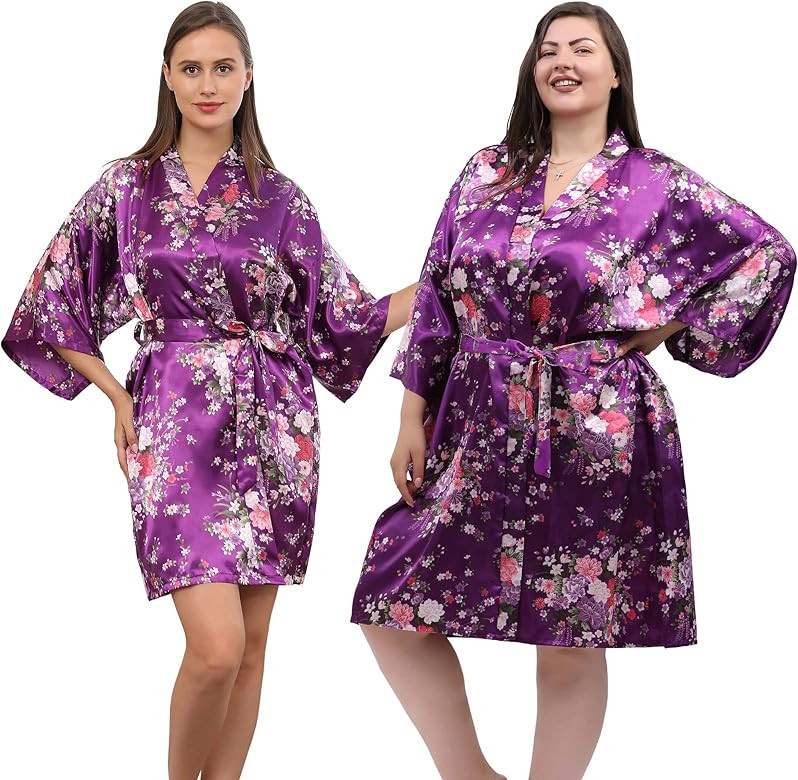 QXQTER Peony Floral Silky Satin Robe Wedding Bridal Party Bride Bridesmaid Robes for Women Dressing  | Amazon (US)