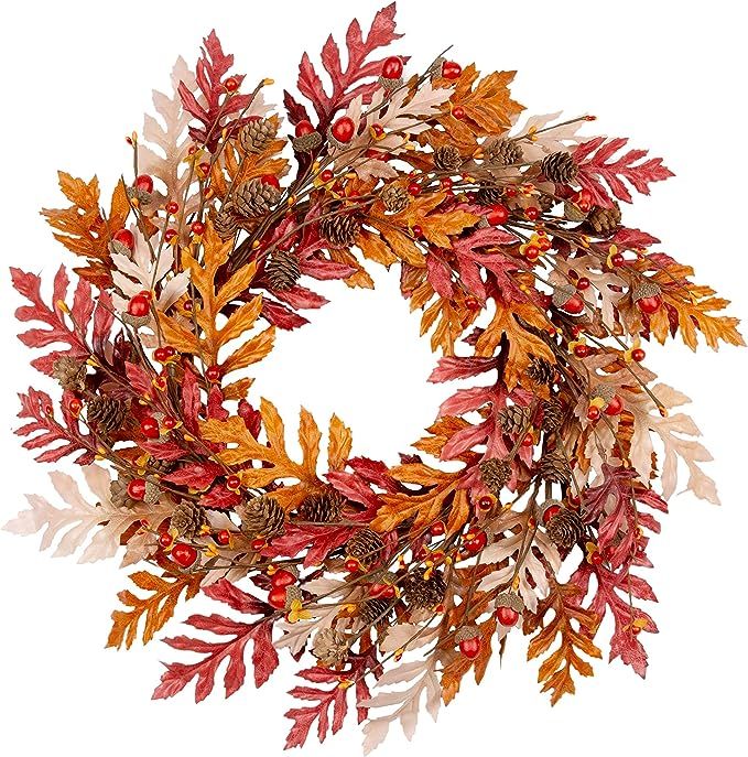 VGIA 18 Inch Fall Leaves Wreath Front Door Wreath for Autumn with Pinecones and Red Berries Artif... | Amazon (US)