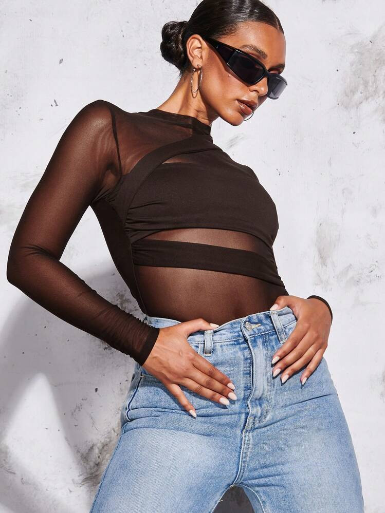 SHEIN BAE Women's Solid Color Stand Collar Long Sleeve Mesh Contrast Sexy Bodysuit | SHEIN