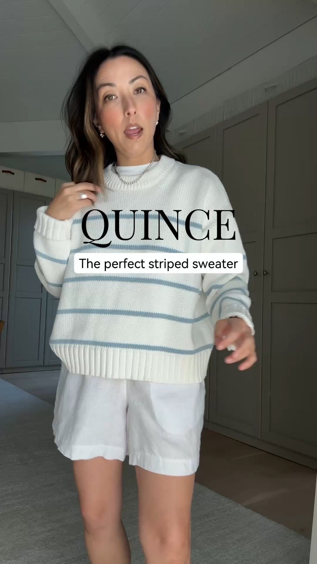 One of my favorite summer uniforms is a sweater + lightweight shorts. The texture and light blue stripe are so good. Wearing both sweater and shorts in size small.

#LTKmomlife #LTKPetite