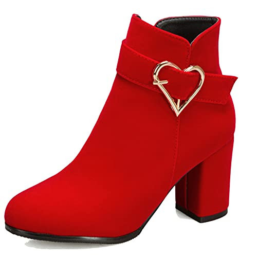 XINXINIO Damen Elegante Stiefeletten mit Klobiger Absatz und Fashion Mental (Rot, 39 EU) | Amazon (DE)